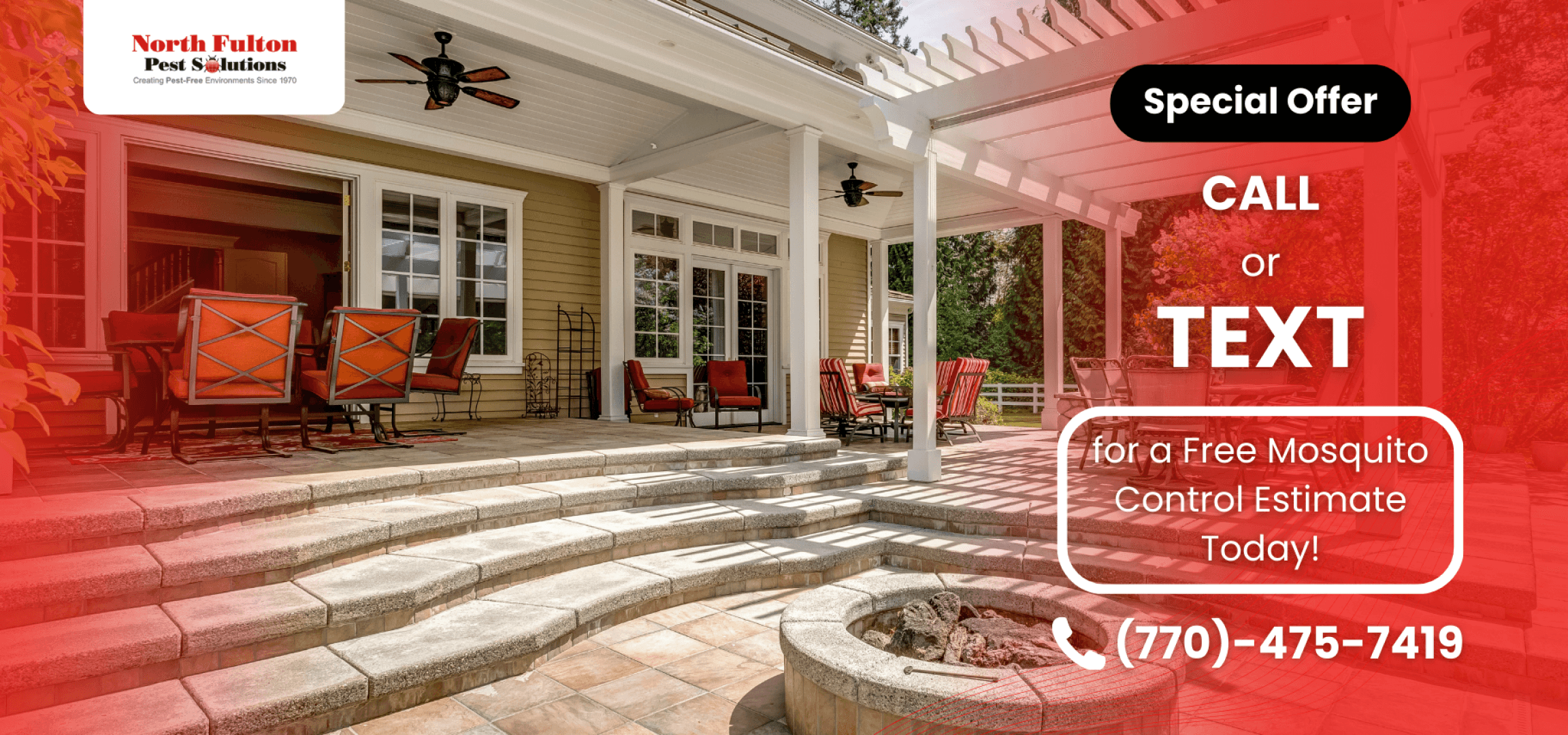 Patio ceiling fan moving air over an Atlanta seating area at dusk