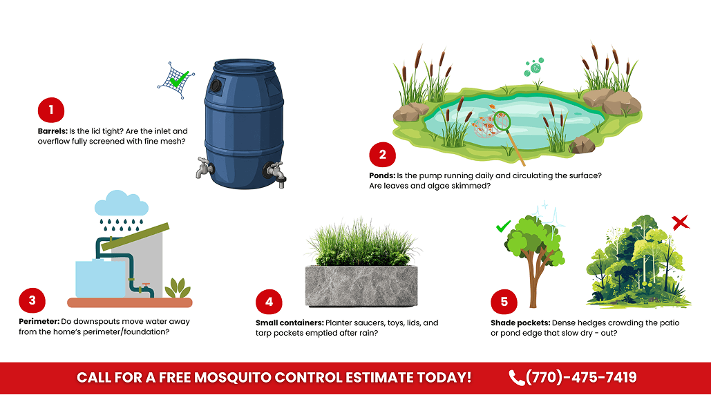 Screened rain barrel and circulating backyard pond at a Cumming, GA home to help prevent mosquito breeding